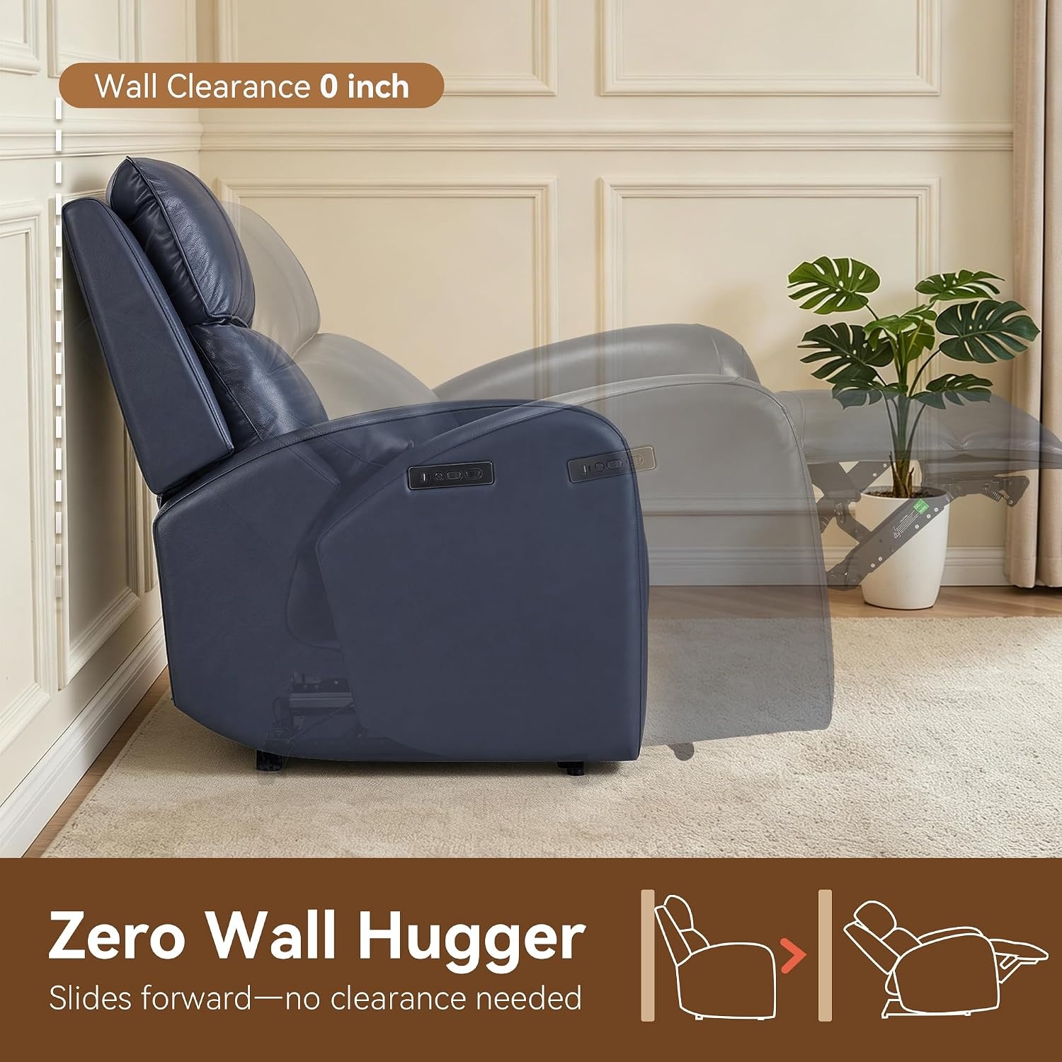 image:imageMCombo Genuine Leather Power Recliner Chair Zero Wall Hugger Recliner for Small Spaces with Power Headrest USB amp TypeC Charging Ports Compact for Living Room amp RV PR693 Dark BrownNavy