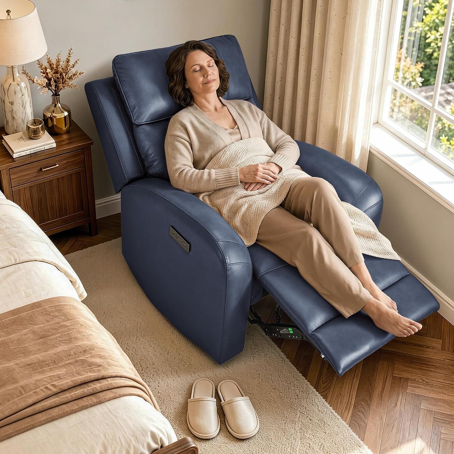 image:imageMCombo Genuine Leather Power Recliner Chair Zero Wall Hugger Recliner for Small Spaces with Power Headrest USB amp TypeC Charging Ports Compact for Living Room amp RV PR693 Dark BrownNavy