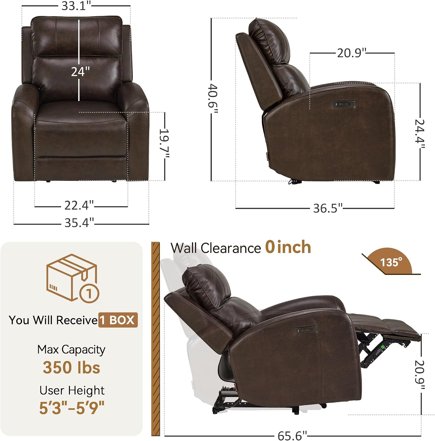 image:imageMCombo Genuine Leather Power Recliner Chair Zero Wall Hugger Recliner for Small Spaces with Power Headrest USB amp TypeC Charging Ports Compact for Living Room amp RV PR693 Dark BrownDark Brown