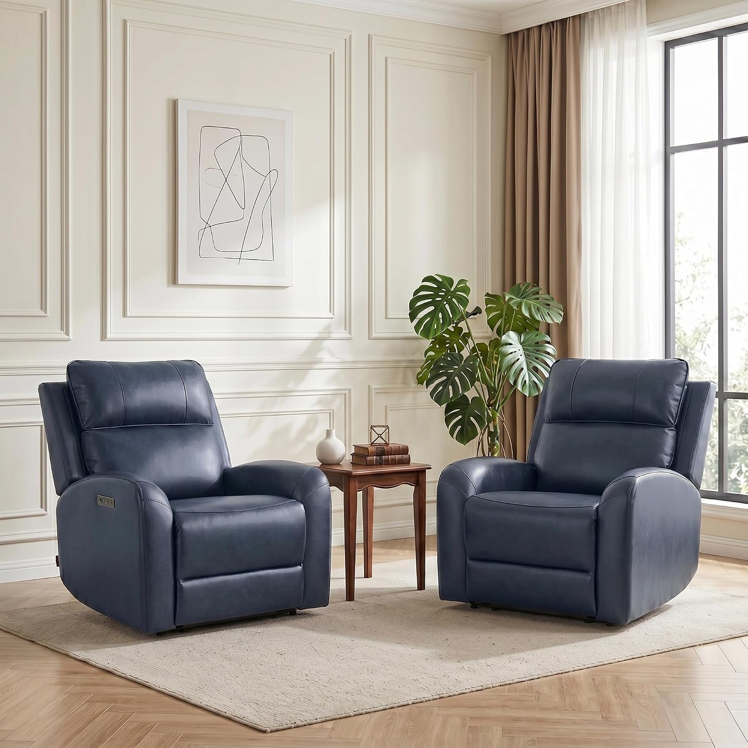 image:imageMCombo Genuine Leather Power Recliner Chair Zero Wall Hugger Recliner for Small Spaces with Power Headrest USB amp TypeC Charging Ports Compact for Living Room amp RV PR693 Dark BrownNavy
