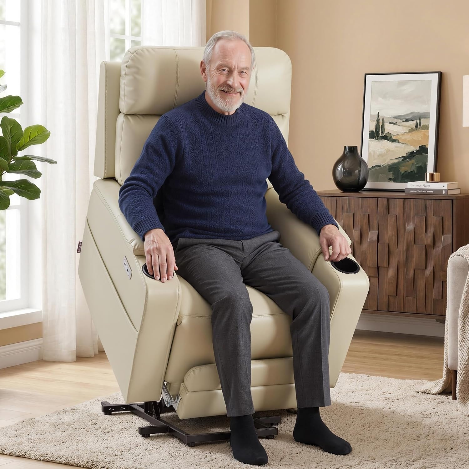 image:imageMCombo Lift Chair for Tall Man 66 Dual Motor Power Lift Recliner Chair for Elderly Lay Flat for Sleeping Heat and Massage USB amp Type C Faux Leather 7755 BlueCream White