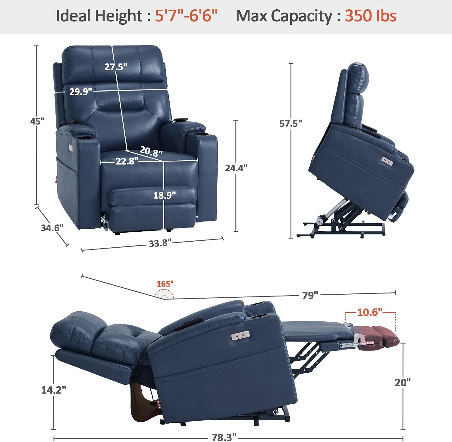 image:imageMCombo Lift Chair for Tall Man 66 Dual Motor Power Lift Recliner Chair for Elderly Lay Flat for Sleeping Heat and Massage USB amp Type C Faux Leather 7755 GreyBlue