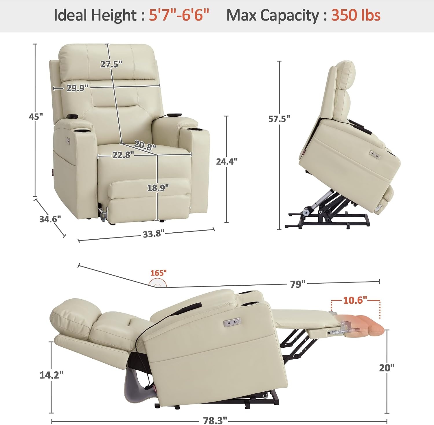 image:imageMCombo Lift Chair for Tall Man 66 Dual Motor Power Lift Recliner Chair for Elderly Lay Flat for Sleeping Heat and Massage USB amp Type C Faux Leather 7755 GreyCream White