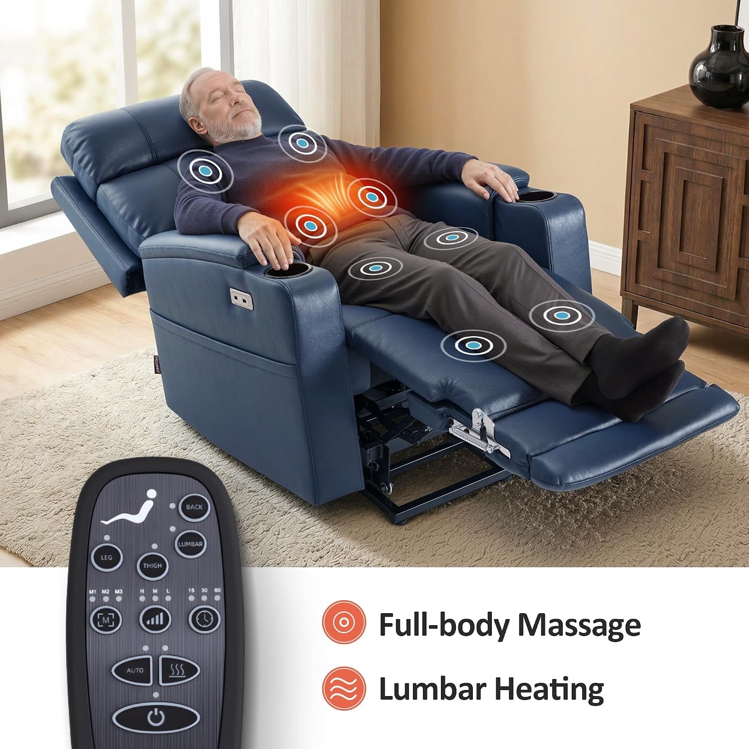image:imageMCombo Lift Chair for Tall Man 66 Dual Motor Power Lift Recliner Chair for Elderly Lay Flat for Sleeping Heat and Massage USB amp Type C Faux Leather 7755 GreyBlue
