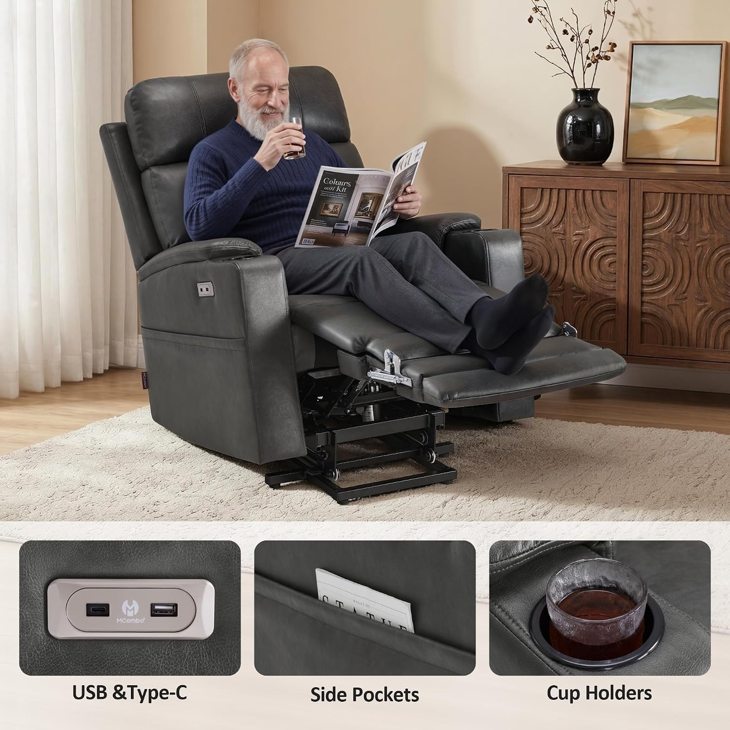 image:imageMCombo Lift Chair for Tall Man 66 Dual Motor Power Lift Recliner Chair for Elderly Lay Flat for Sleeping Heat and Massage USB amp Type C Faux Leather 7755 BlueGrey
