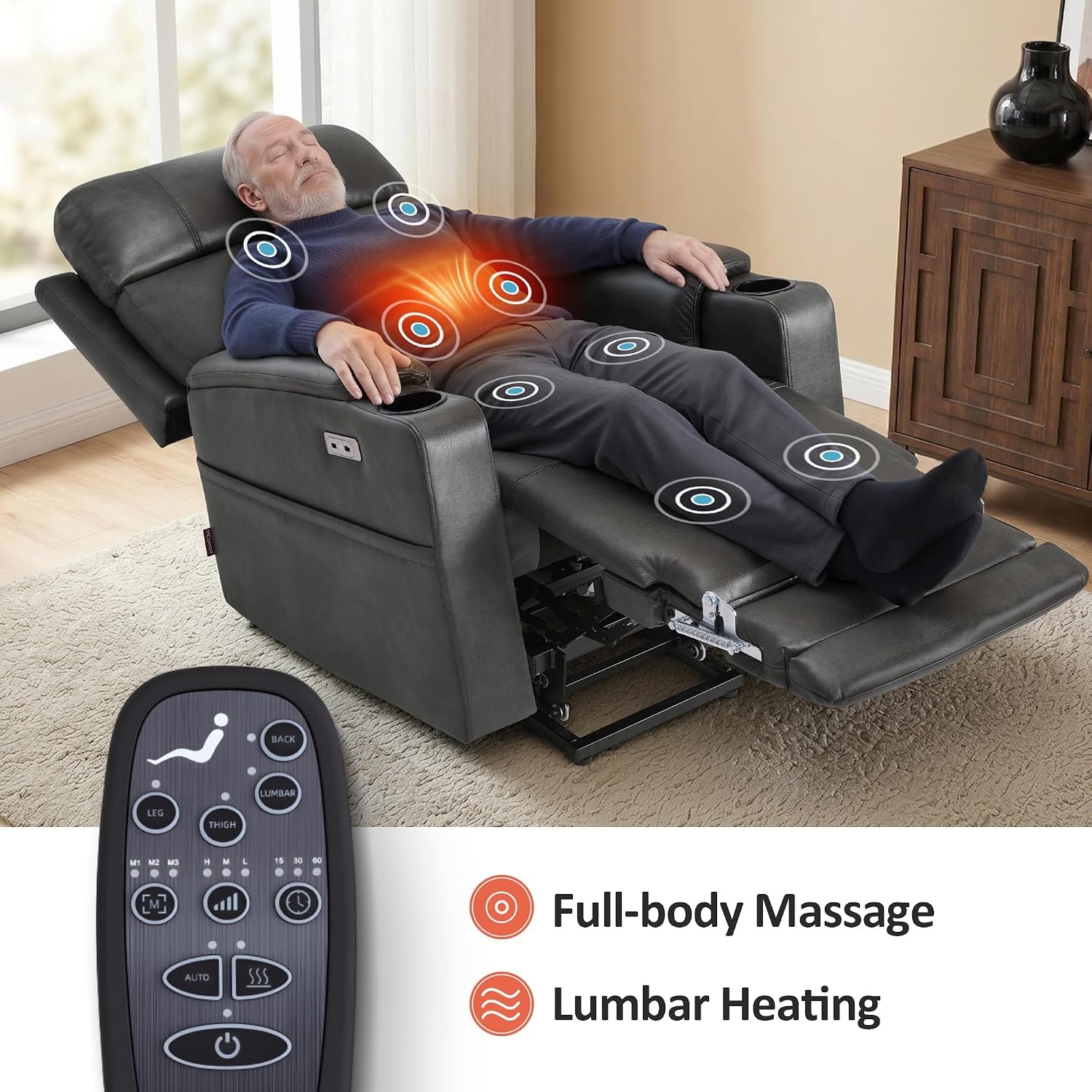 image:imageMCombo Lift Chair for Tall Man 66 Dual Motor Power Lift Recliner Chair for Elderly Lay Flat for Sleeping Heat and Massage USB amp Type C Faux Leather 7755 BlueGrey