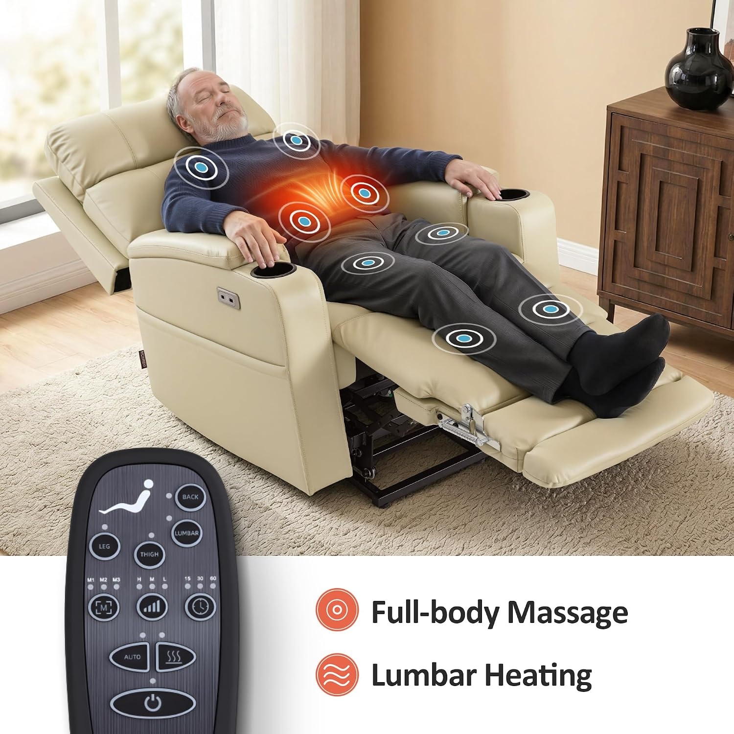 image:imageMCombo Lift Chair for Tall Man 66 Dual Motor Power Lift Recliner Chair for Elderly Lay Flat for Sleeping Heat and Massage USB amp Type C Faux Leather 7755 BlueCream White
