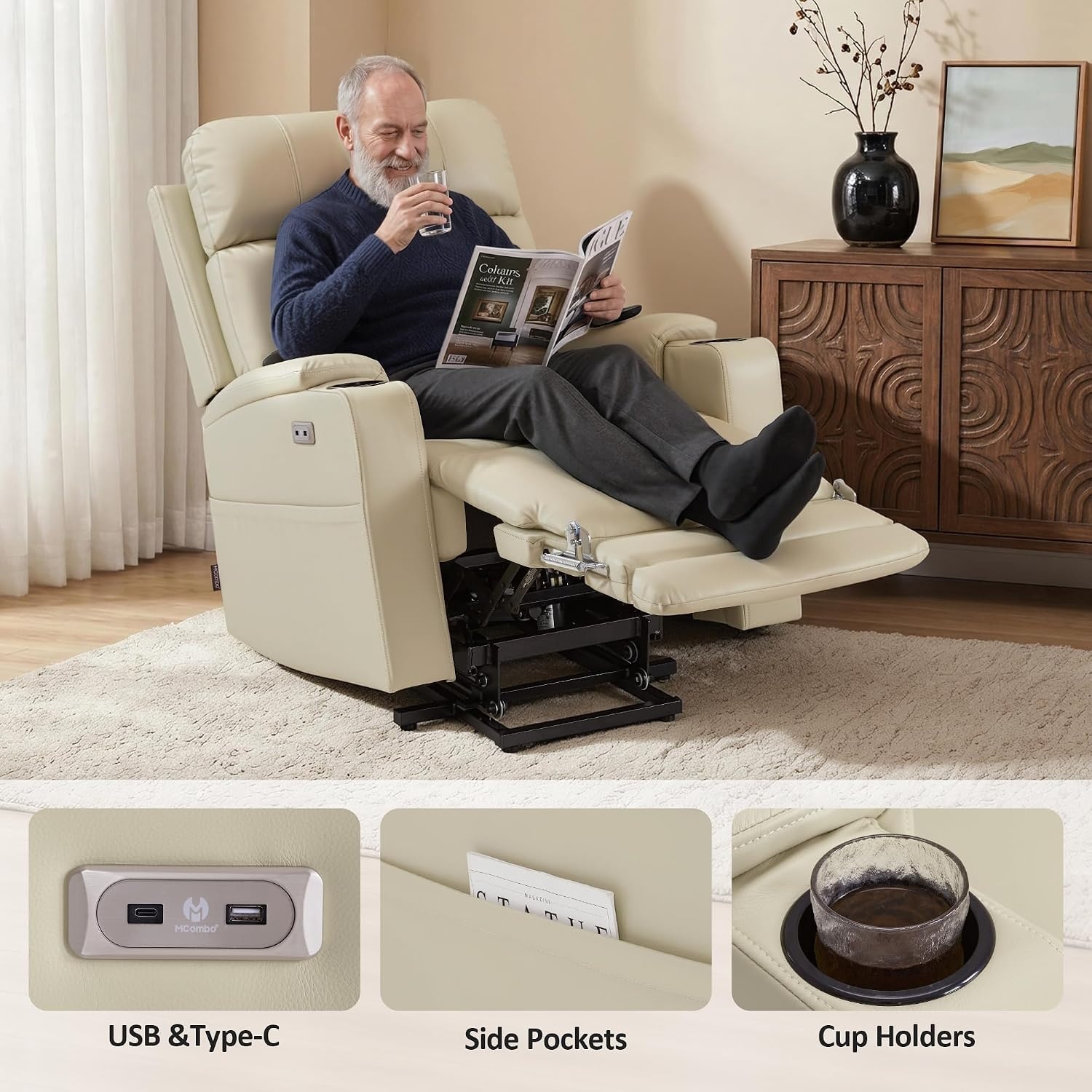 image:imageMCombo Lift Chair for Tall Man 66 Dual Motor Power Lift Recliner Chair for Elderly Lay Flat for Sleeping Heat and Massage USB amp Type C Faux Leather 7755 BlueCream White