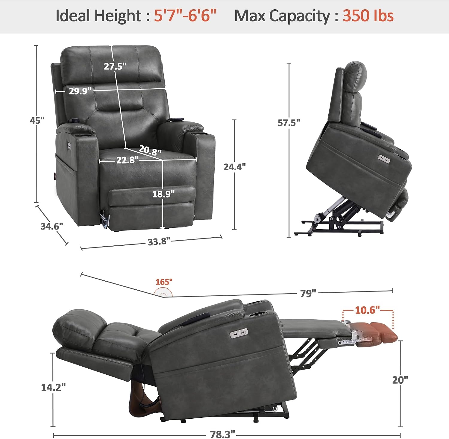 image:imageMCombo Lift Chair for Tall Man 66 Dual Motor Power Lift Recliner Chair for Elderly Lay Flat for Sleeping Heat and Massage USB amp Type C Faux Leather 7755 BlueGrey