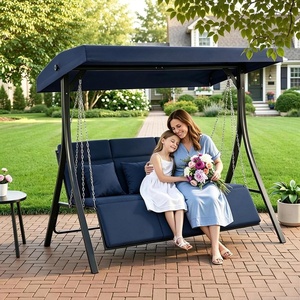image:imageMCombo 3Seat Convertible Porch Swing for Various Postures Reclining Outdoor Swing Chair with Chain Armrest Patio Glider Chair with Thickened Cushions for Backyard Garden Dark BlueDark Blue