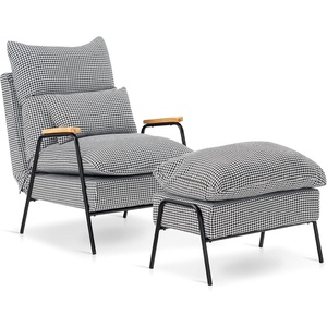 image:imageMCombo Accent Recliner Chair with Ottoman Modern Fabric Armchair Upholstered Sofa Bed for Living Room Bedroom Small Space 4055 Black Frame BlueHoundstooth