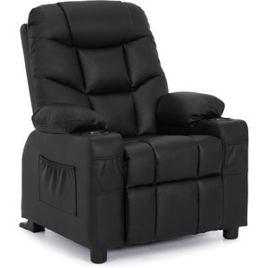 image:imageMCombo Big Kids Recliner for Ages 3 Child Reclining Chair Toddlers Recliner Sofa with Cup Holders Faux Leather Dark GreyBlack
