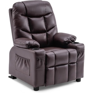 image:imageMCombo Big Kids Recliner for Ages 3 Child Reclining Chair Toddlers Recliner Sofa with Cup Holders Faux Leather Dark GreyDark Brown