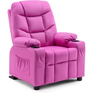 image:imageMCombo Big Kids Recliner for Ages 3 Child Reclining Chair Toddlers Recliner Sofa with Cup Holders Faux Leather Dark GreyPink