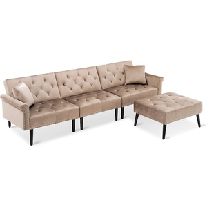 image:imageMCombo Convertible Sofa Bed 3 Seat L Shaped Sofa with Pillows and Ottoman for Living Room MidCentury Modern Sectional Chaise Futon Couch 5131 BeigeBeige