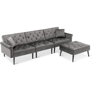 image:imageMCombo Convertible Sofa Bed 3 Seat L Shaped Sofa with Pillows and Ottoman for Living Room MidCentury Modern Sectional Chaise Futon Couch 5131 BeigeGrey
