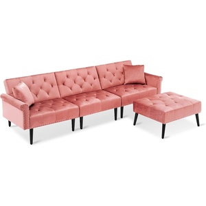 image:imageMCombo Convertible Sofa Bed 3 Seat L Shaped Sofa with Pillows and Ottoman for Living Room MidCentury Modern Sectional Chaise Futon Couch 5131 BeigePink