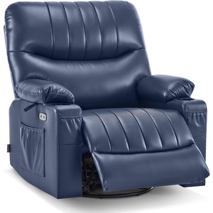 image:imageMCombo Oversized Swivel Glider Rocker Power Recliner Chair for Living Room with Heat and Vibration Massage USB Ports Cup Holders and Pockets Faux Leather 7785 BlackNavy Blue