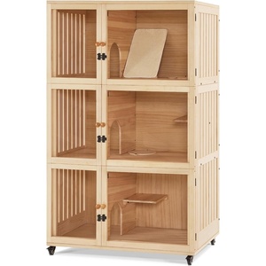 image:imageLovupet Large Wooden Cat House Villa Luxury Triple Cat Condo with Scratching Pad Openable Cover and Wheels Kitten Cage Indoor CT32