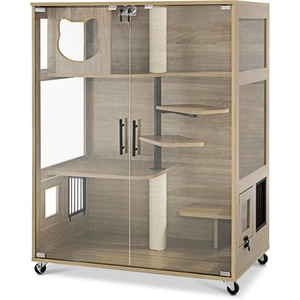 image:imageLovupet Wooden Cat House with Scratching Posts Luxury Large Cat Condo with Lockable Wheels Indoor Kitten Cage with Escape Door GC11