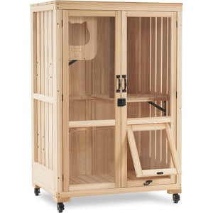 image:imageMCombo Luxury Cat House with Scratching Post Wooden Multi Feature Large Cat Condo with Escape Door and Wheels Kitten Cages with Shelter Indoor Outdoor CT83 Natural